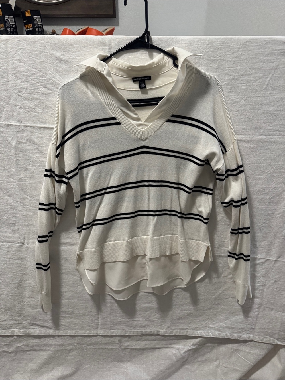 Willi Smith Cream V-Neck Striped Layered-Hem Sweater